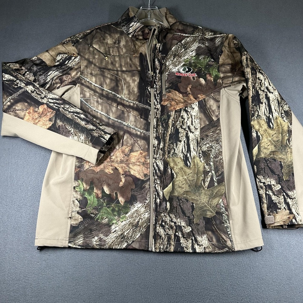 Mossy Oak Jacket Mens Large Brown Camo Softshell Fleece Lined Hunting Zip